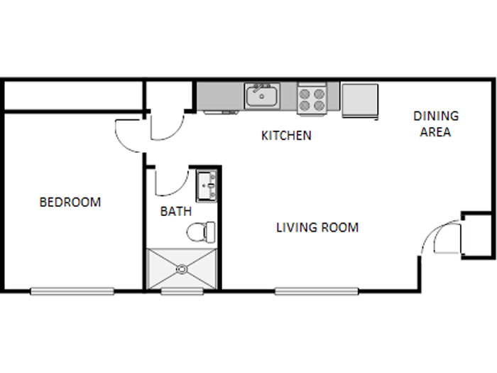 Floor plan for 1 bed, 1 bath, 490 sqft